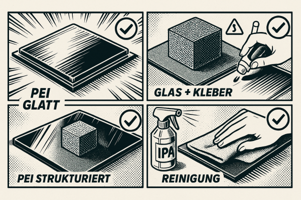 Haftung am Druckbett: Oberflächen &amp; Kleber im Vergleich - Druckbett-Haftung: PEI, Glas &amp; Kleber im Vergleich