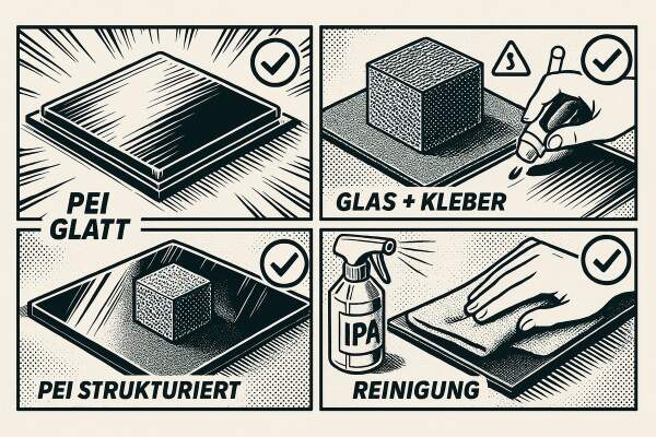 Haftung am Druckbett: Oberflächen &amp; Kleber im Vergleich