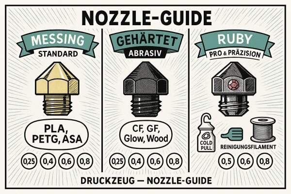 Nozzle-Guide: Messing vs. gehärtet vs. Ruby – welche Düse für welches Material?