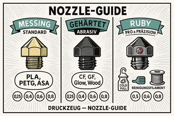 Nozzle-Guide: Messing vs. gehärtet vs. Ruby – welche Düse für welches Material? - Nozzle-Guide: Messing vs. gehärtet vs. Ruby | Druckzeug