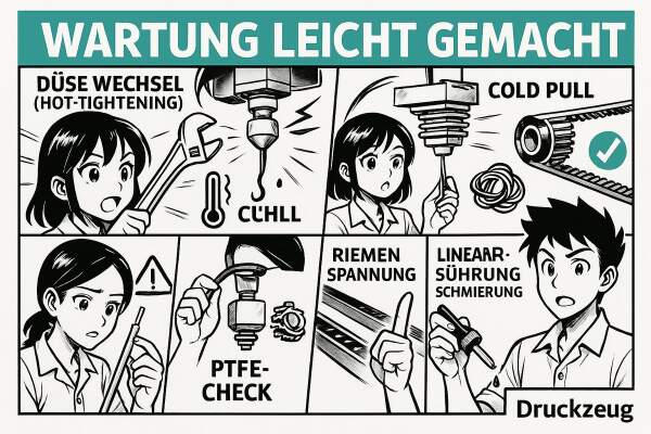 Wartung leicht gemacht: Düse, PTFE, Riemen &amp; Schmierung