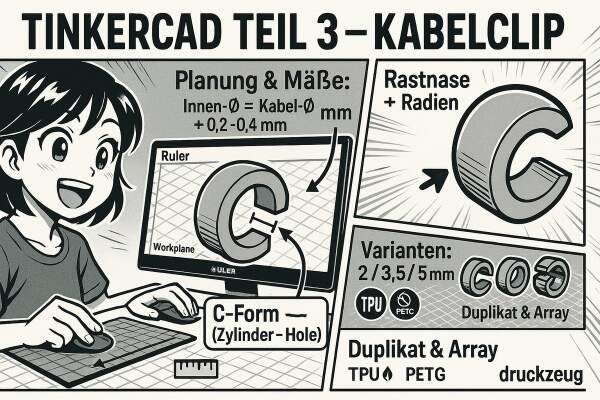 Tinkercad Teil 3: Projekt – Kabelclip mit Rastgeometrie konstruieren
