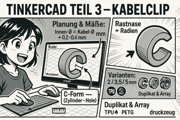 Tinkercad Teil 3: Projekt – Kabelclip mit Rastgeometrie konstruieren - Tinkercad Teil 3: Kabelclip konstruieren | Druckzeug