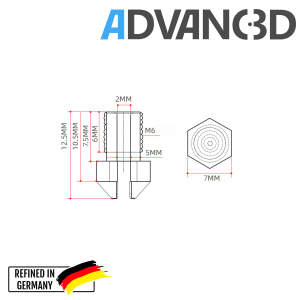 Advanc3D V6 Style Dyse af messing CuZn37 i 0,4 mm til 1,75 mm filament