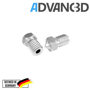 Advanc3D V6-tyylinen suutin ruostumattomasta teräksestä X 8 CrNiS 18 9 0,4 mm:n sisällä 1,75 mm:n filamentille