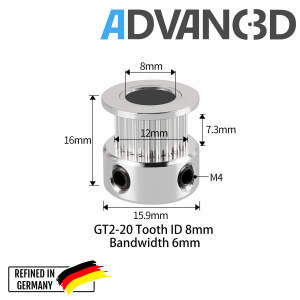 Advanc3D Pully GT2 Riemenscheibe f&uuml;r 3D Drucker 20T 8mm Welle seite