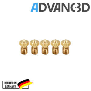 Advanc3D V6 Style Nozzle aus Messing CuZn37 in 0.2, 0.3, 0.4, 0.5mm für 1.75mm Filament vorne