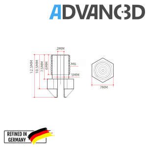 Advanc3D V6式喷嘴由黄铜CuZn37制成，有0.2、0.3、0.4、0.5毫米，适用于1.75毫米灯丝。