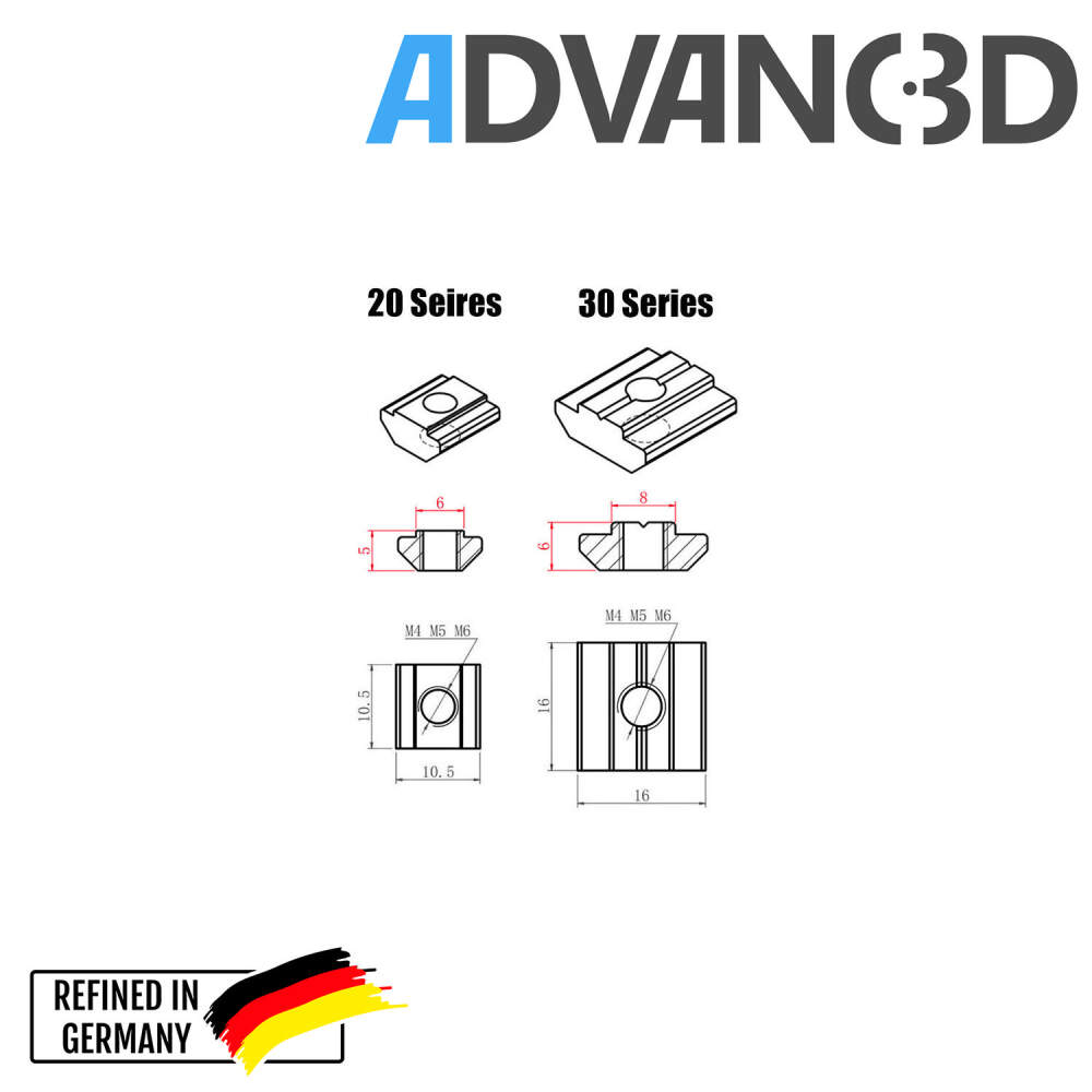 Advanc3D TSlot Nut M5 TNuts Square Nut 20 Profile（欧洲标准）。
