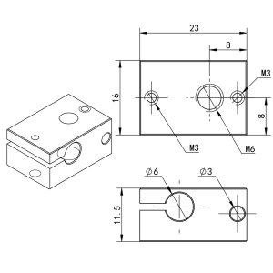 Advanc3D Messing Heizblock im V6 Style mit mit PT100 Halterung seite