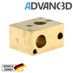 Advanc3D V6-tyylinen l&auml;mmitinlohko 3 mm:n termopareille messingist&auml; V6-kuumennusp&auml;&auml;tteille.