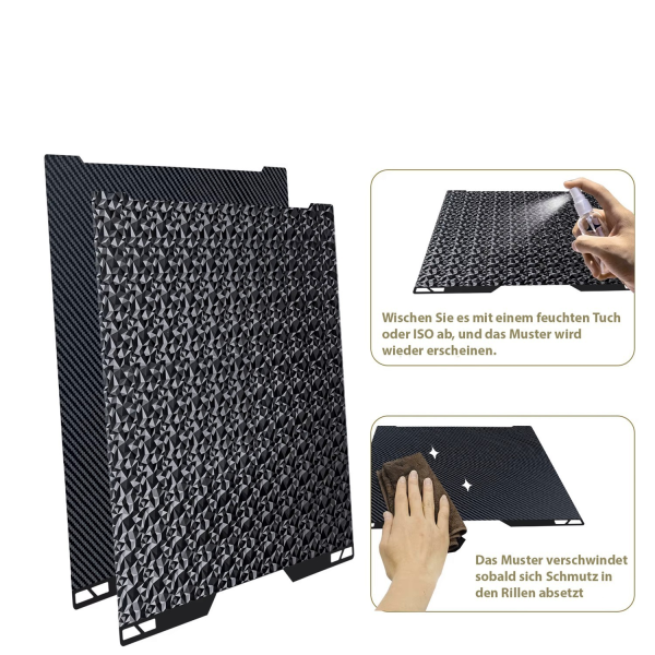 Fafeicy 350 X 350 Mm Flexible Druckbettplatte aus PEO-PET, Doppelseitig Beschichtet mit Glänzendem PET und Strukturiertem PEO für 2,4-3D-Drucker